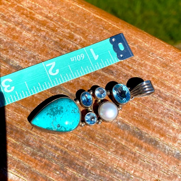 Turquoise & Silver & simulant stones on silver pendant ready for chain, leather - Picture 2 of 4